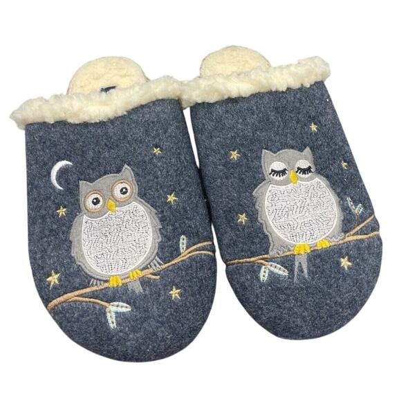 Lands End Womens 7 B Scuff Slippers Owls Felt Slip On Slides Clog Navy Sherpa - Picture 1 of 7